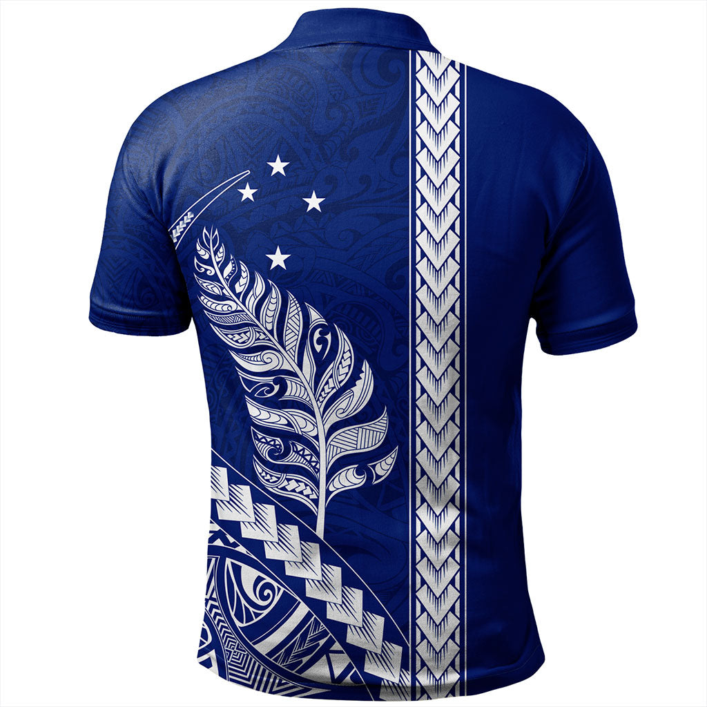 New Zealand Polo Shirt Maori Tribal Silver Fern With Star Tattoo Style Blue