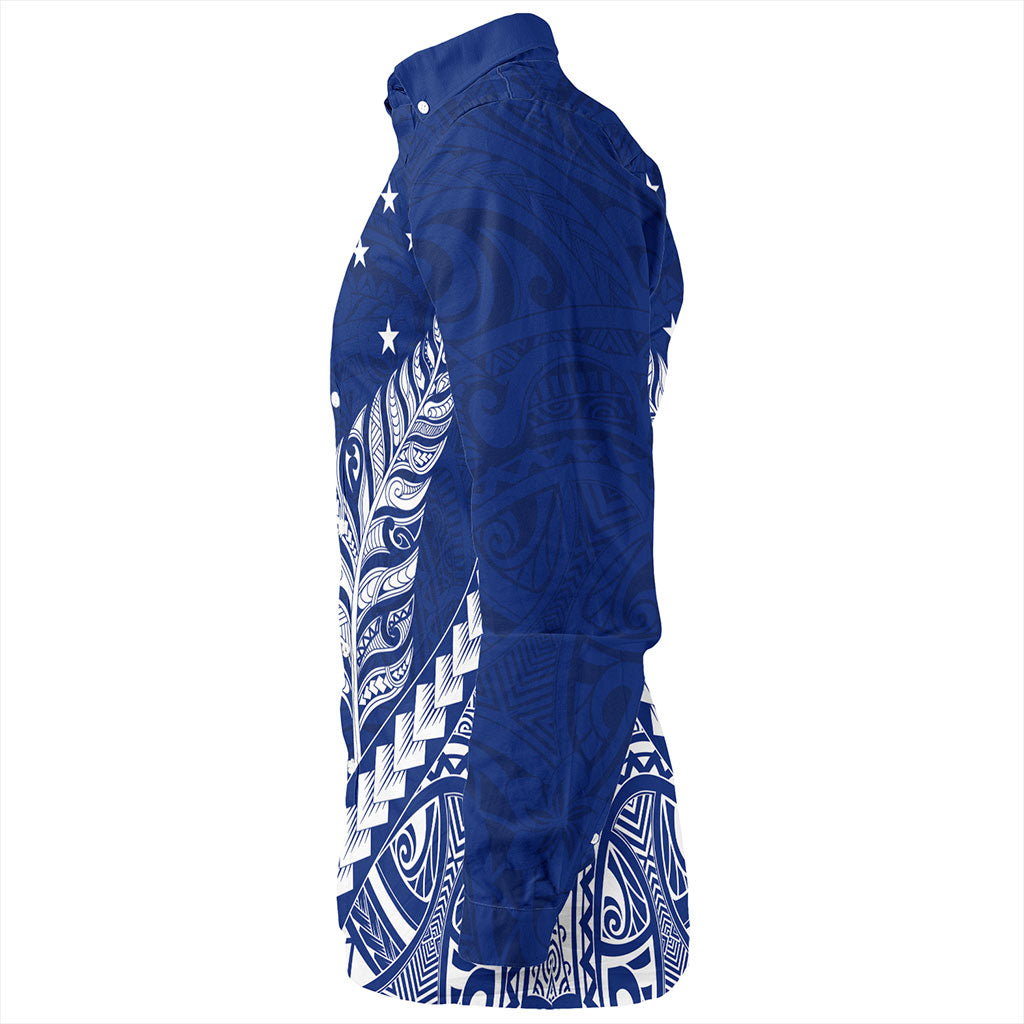 New Zealand Long Sleeve Shirt Maori Tribal Silver Fern With Star Tattoo Style Blue