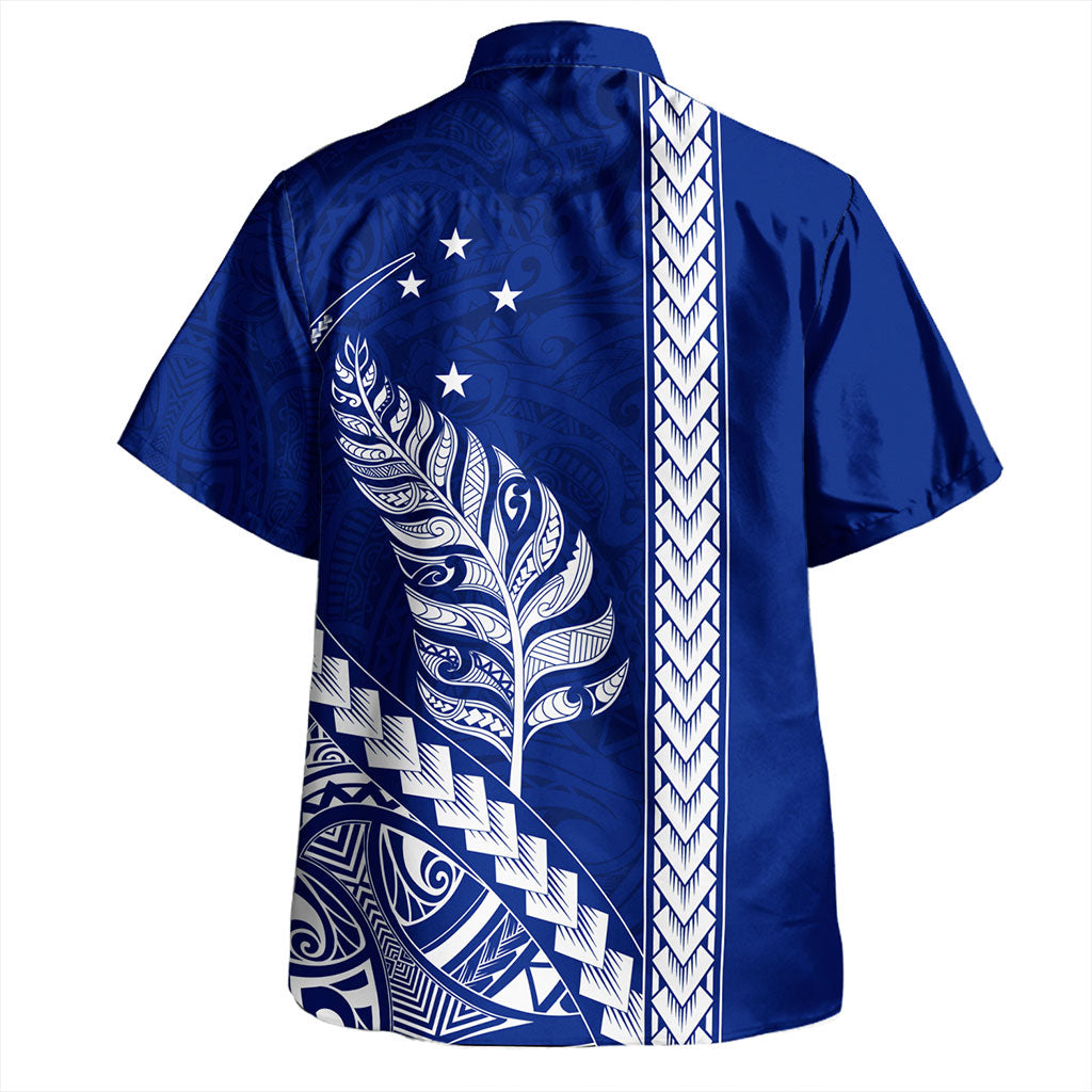 New Zealand Hawaiian Shirt Maori Tribal Silver Fern With Star Tattoo Style Blue