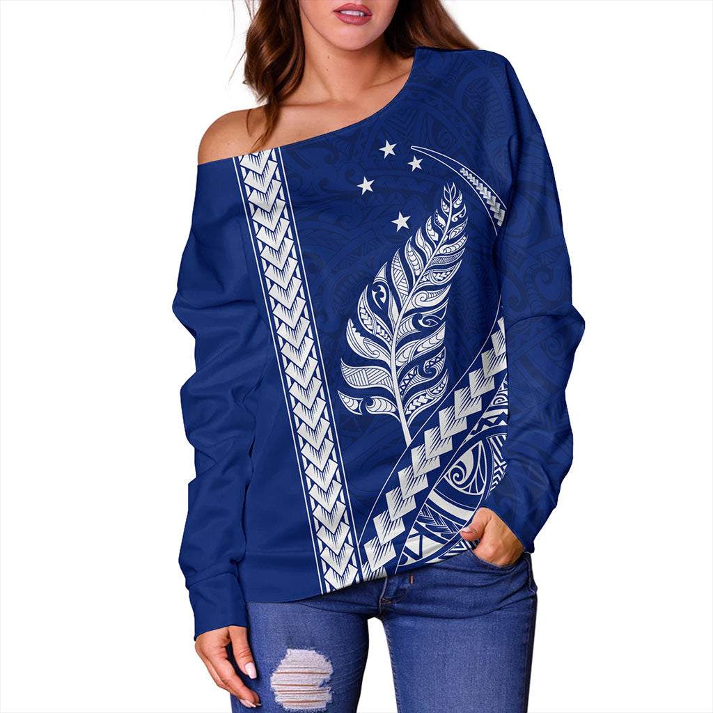 New Zealand Off Shoulder Sweatshirt Maori Tribal Silver Fern With Star Tattoo Style Blue
