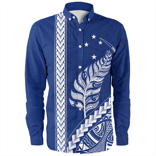 New Zealand Long Sleeve Shirt Maori Tribal Silver Fern With Star Tattoo Style Blue