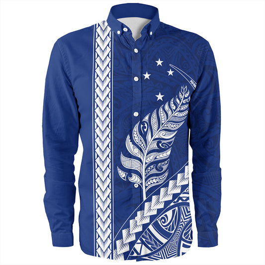 New Zealand Long Sleeve Shirt Maori Tribal Silver Fern With Star Tattoo Style Blue