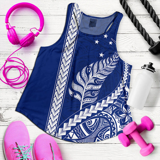 New Zealand Women Tank Maori Tribal Silver Fern With Star Tattoo Style Blue