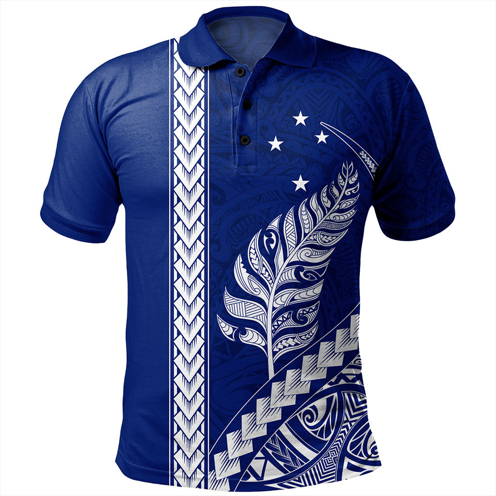 New Zealand Polo Shirt Maori Tribal Silver Fern With Star Tattoo Style Blue