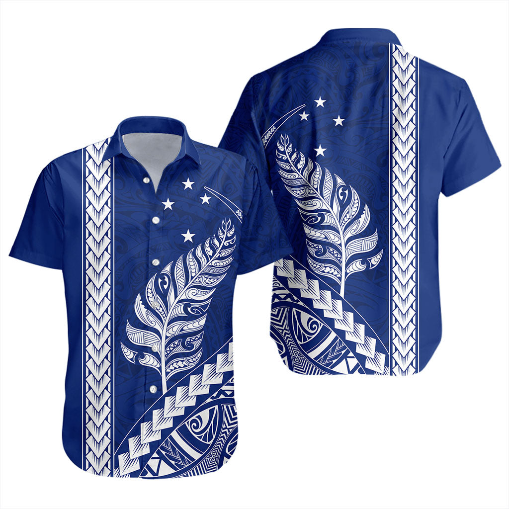 New Zealand Short Sleeve Shirt Maori Tribal Silver Fern With Star Tattoo Style Blue