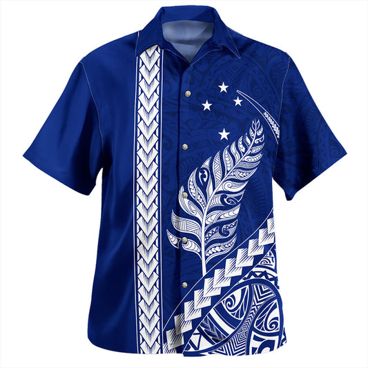 New Zealand Hawaiian Shirt Maori Tribal Silver Fern With Star Tattoo Style Blue