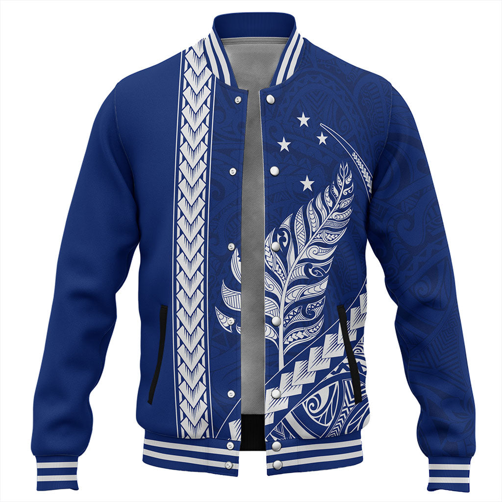 New Zealand Baseball Jacket Maori Tribal Silver Fern With Star Tattoo Style Blue