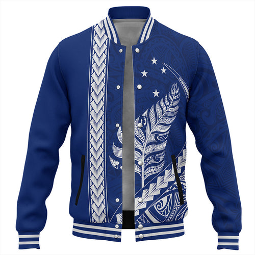 New Zealand Baseball Jacket Maori Tribal Silver Fern With Star Tattoo Style Blue