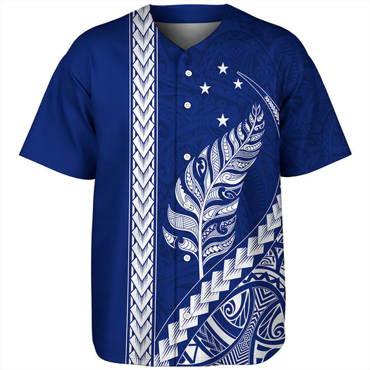 New Zealand Baseball Shirt Maori Tribal Silver Fern With Star Tattoo Style Blue