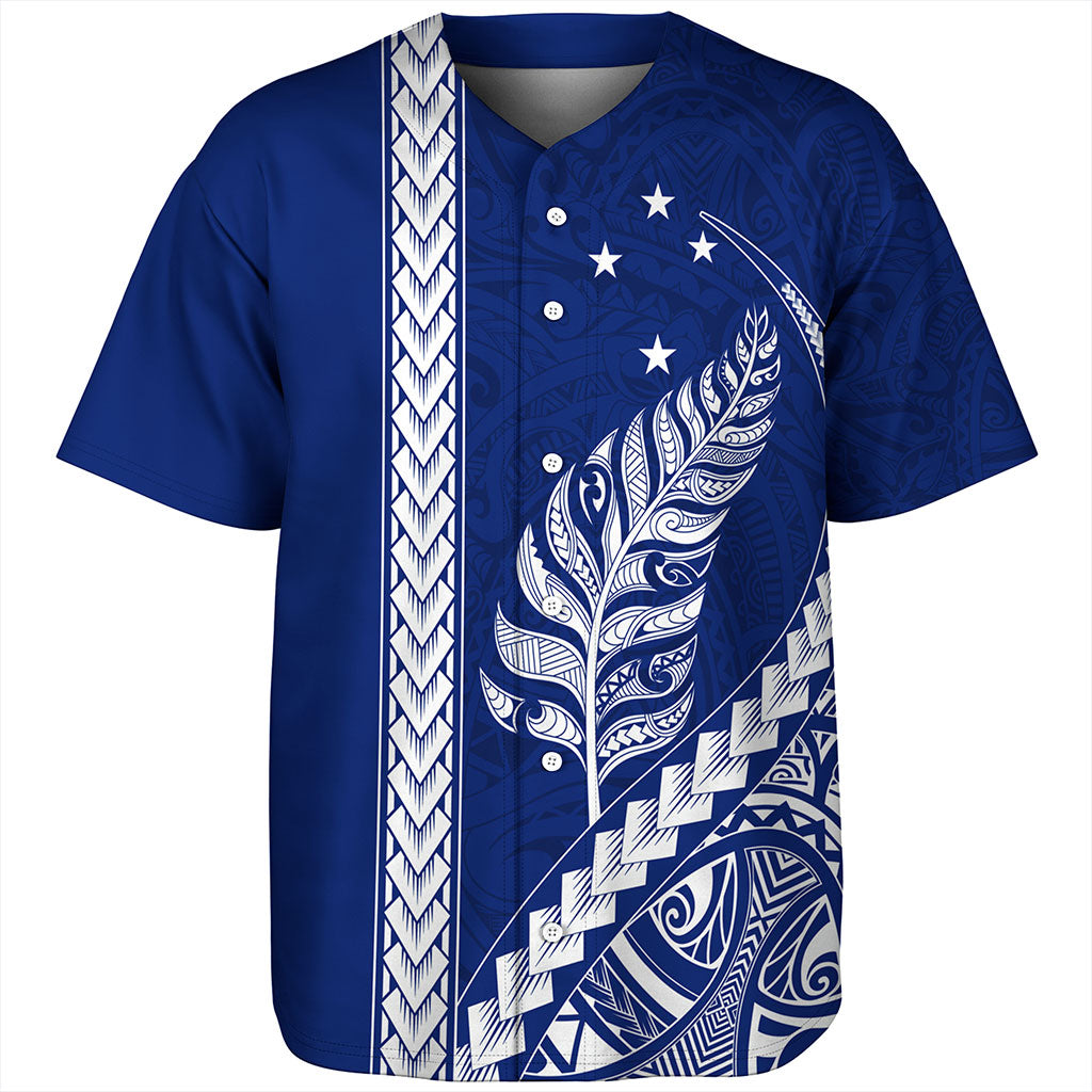 New Zealand Baseball Shirt Maori Tribal Silver Fern With Star Tattoo Style Blue
