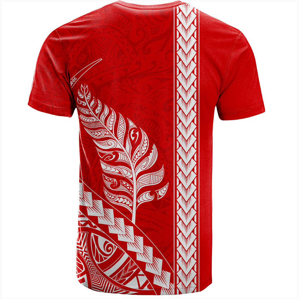 New Zealand T-Shirt Maori Tribal Silver Fern Tattoo Style Red