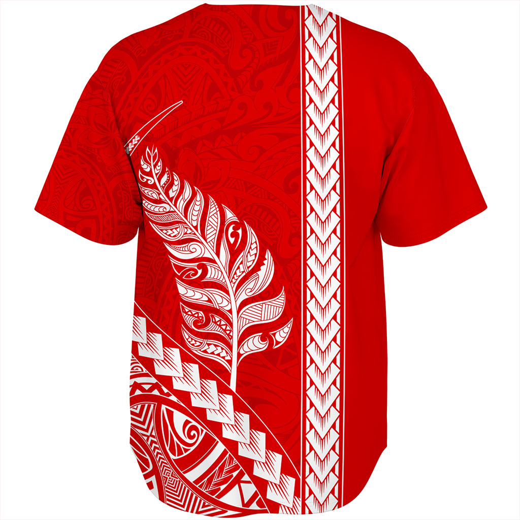 New Zealand Baseball Shirt Maori Tribal Silver Fern Tattoo Style Red