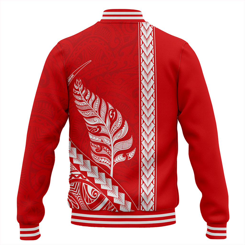 New Zealand Baseball Jacket Maori Tribal Silver Fern Tattoo Style Red