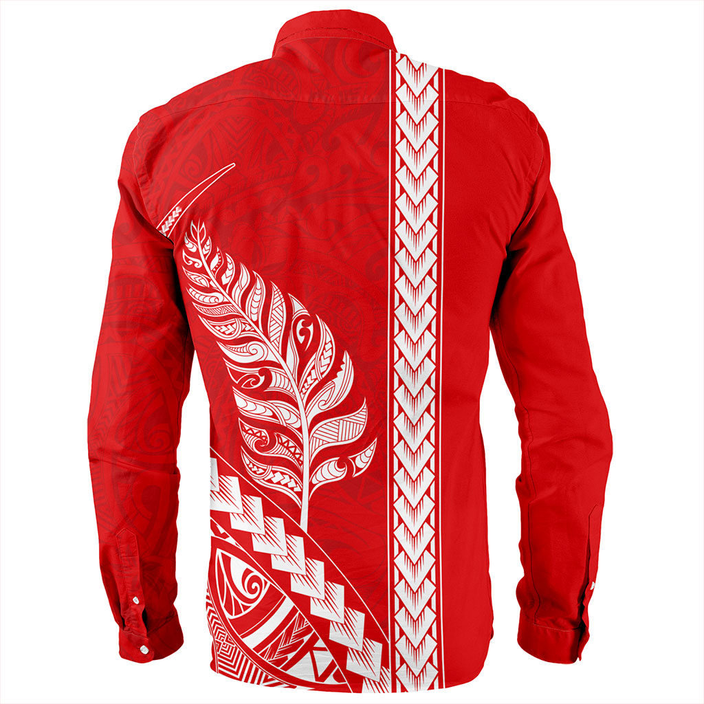 New Zealand Long Sleeve Shirt Maori Tribal Silver Fern Tattoo Style Red