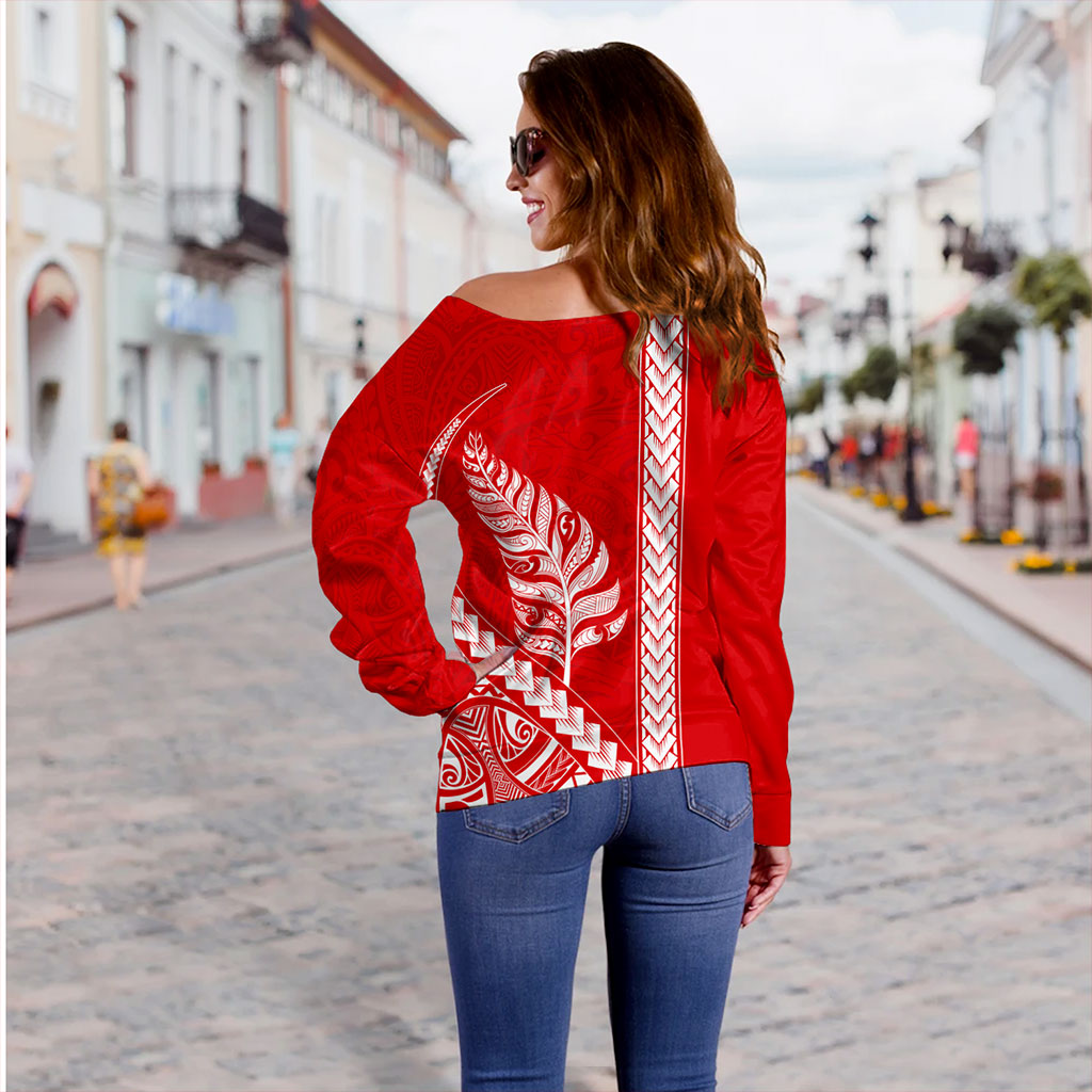 New Zealand Off Shoulder Sweatshirt Maori Tribal Silver Fern Tattoo Style Red