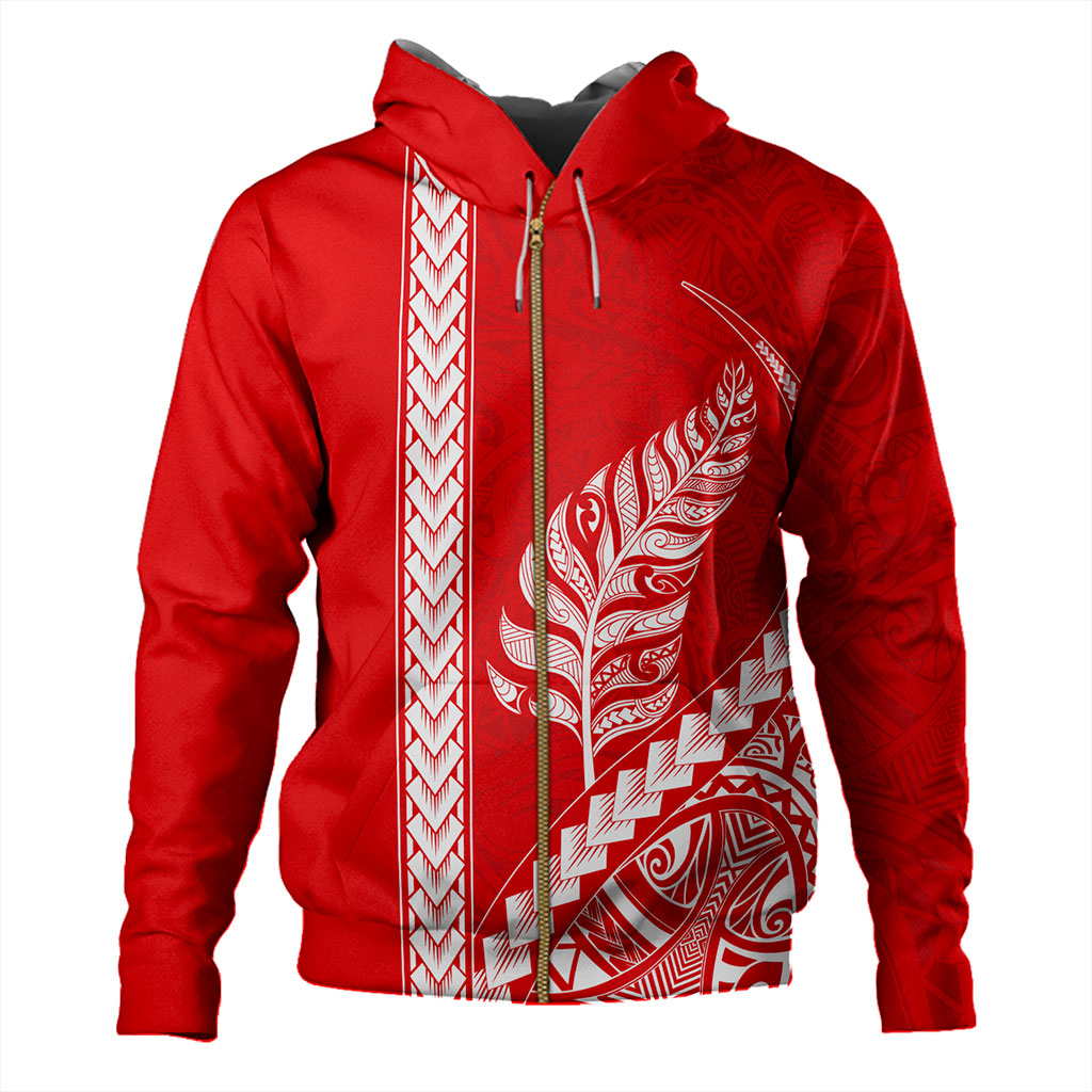 New Zealand Hoodie Maori Tribal Silver Fern Tattoo Style Red