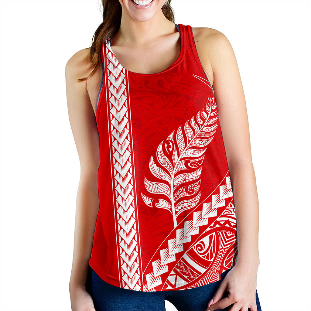 New Zealand Women Tank Maori Tribal Silver Fern Tattoo Style Red