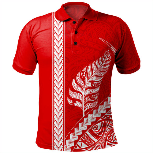 New Zealand Polo Shirt Maori Tribal Silver Fern Tattoo Style Red