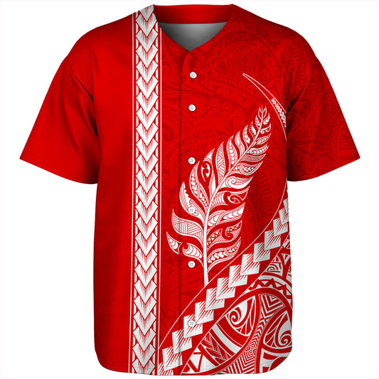 New Zealand Baseball Shirt Maori Tribal Silver Fern Tattoo Style Red