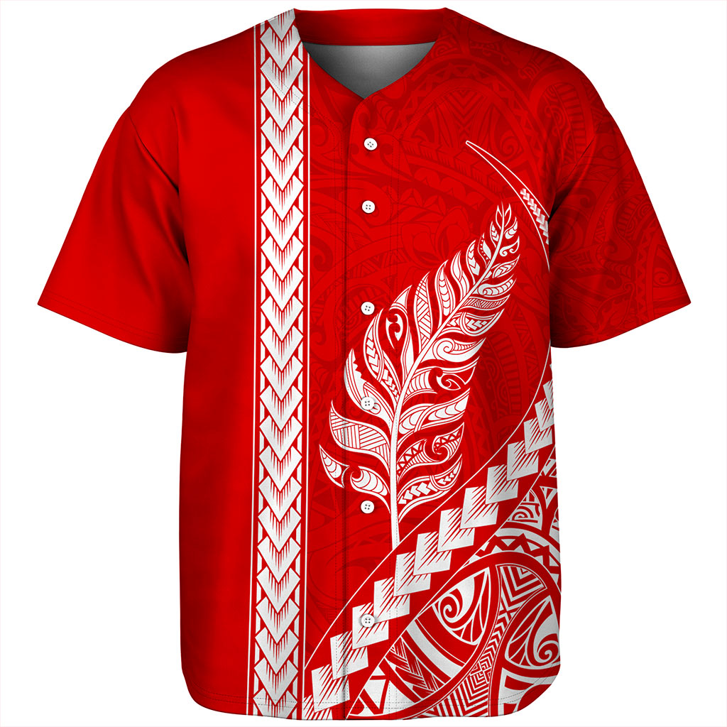 New Zealand Baseball Shirt Maori Tribal Silver Fern Tattoo Style Red