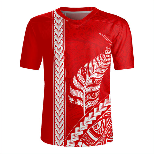 New Zealand Rugby Jersey Maori Tribal Silver Fern Tattoo Style Red