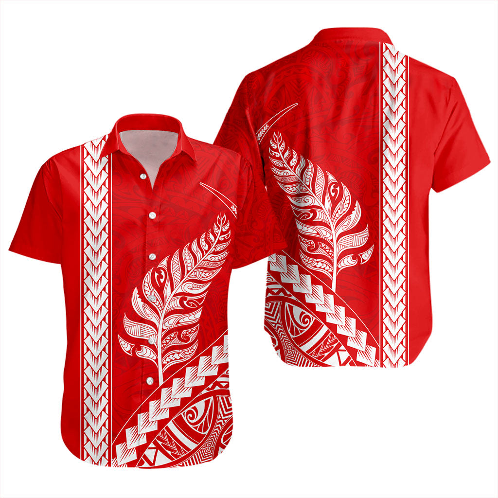 New Zealand Short Sleeve Shirt Maori Tribal Silver Fern Tattoo Style Red