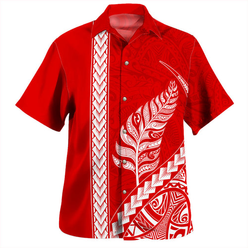 New Zealand Hawaiian Shirt Maori Tribal Silver Fern Tattoo Style Red
