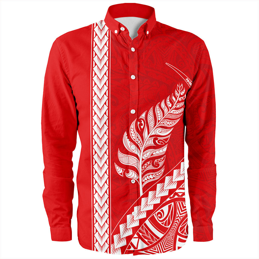New Zealand Long Sleeve Shirt Maori Tribal Silver Fern Tattoo Style Red