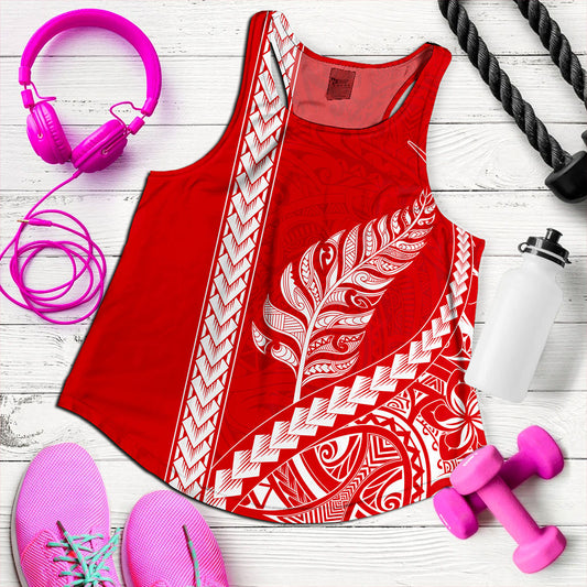 New Zealand Women Tank Maori Tribal Silver Fern Tattoo Style Red