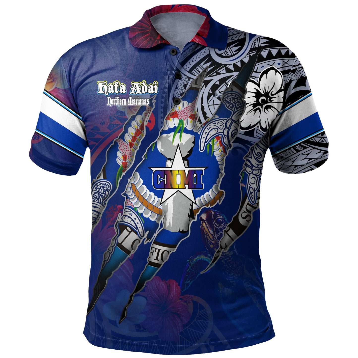 Northern Mariana Islands Polo Shirt Custom CNMI Blood Inside Me Polynesian Sleeve Tattoo Tropical Blue
