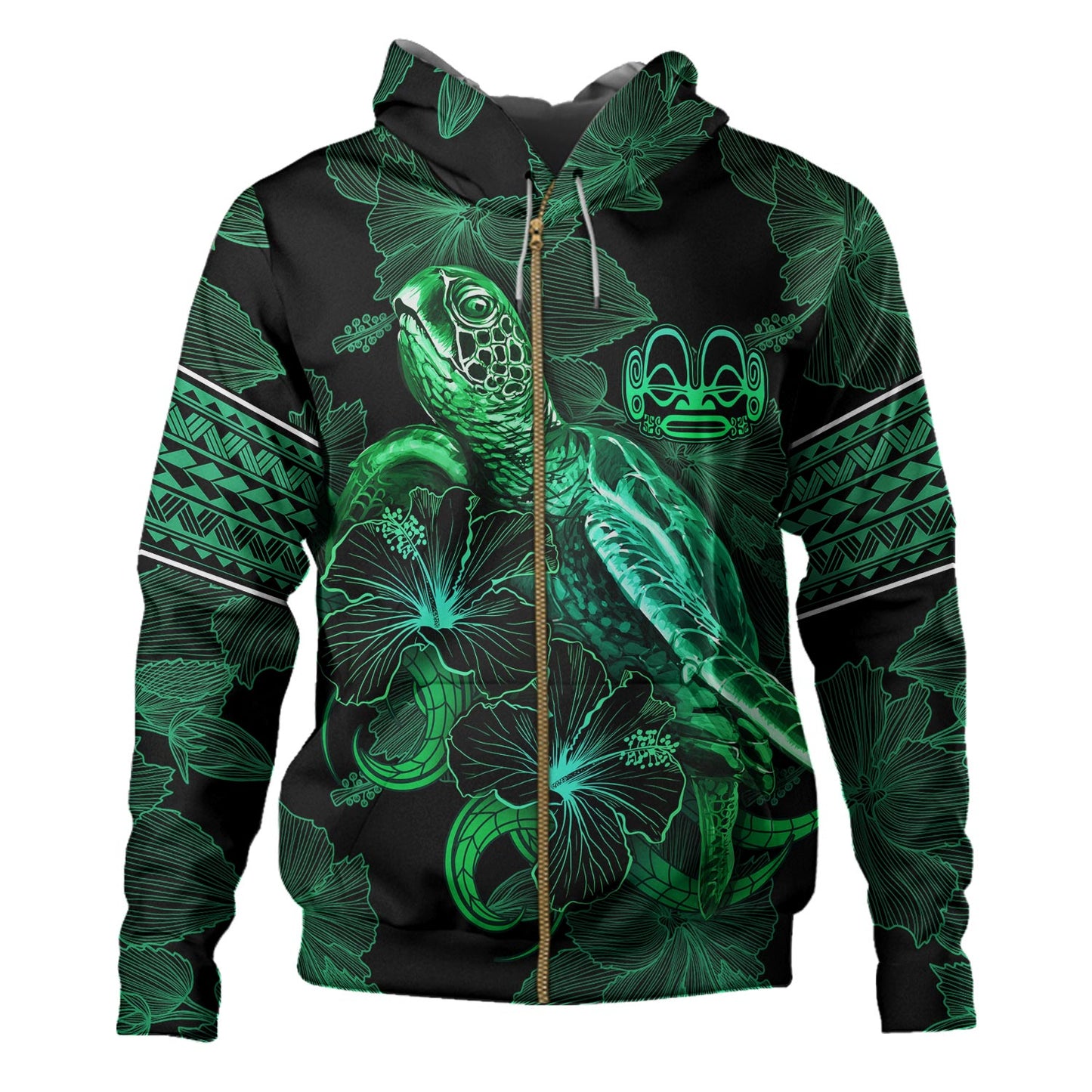 Marquesas Islands Hoodie Sea Turtle With Blooming Hibiscus Flowers Tribal Green