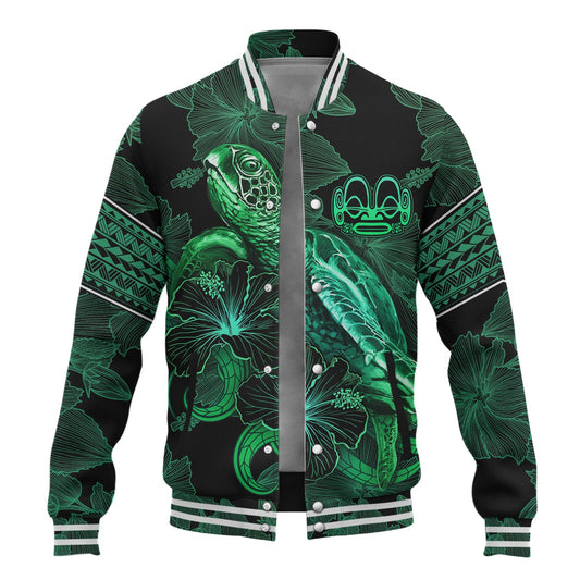 Marquesas Islands Baseball Jacket  Sea Turtle With Blooming Hibiscus Flowers Tribal Green