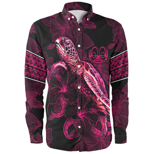 Marquesas Islands Long Sleeve Shirt Sea Turtle With Blooming Hibiscus Flowers Tribal Maroon