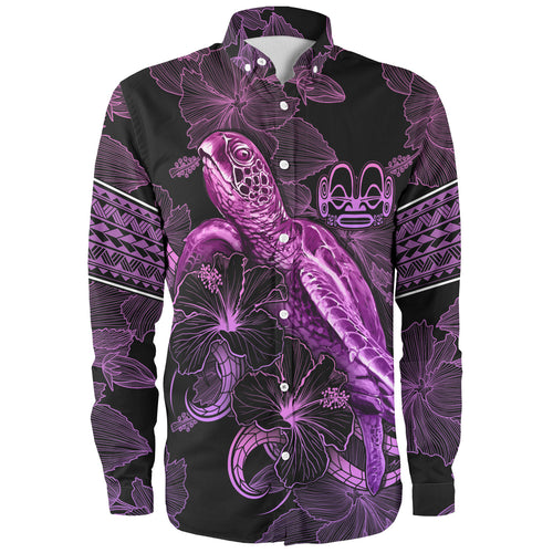 Marquesas Islands Long Sleeve Shirt Sea Turtle With Blooming Hibiscus Flowers Tribal Purple