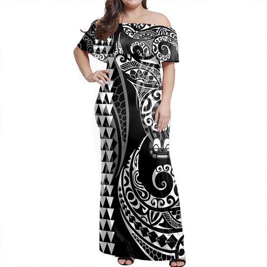 Marquesas Islands Off Shoulder Long Dress Kakau Style White