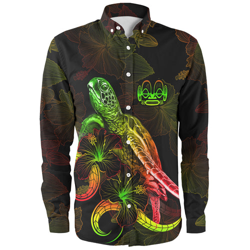 Marquesas Islands Long Sleeve Shirt Sea Turtle With Blooming Hibiscus Flowers Reggae