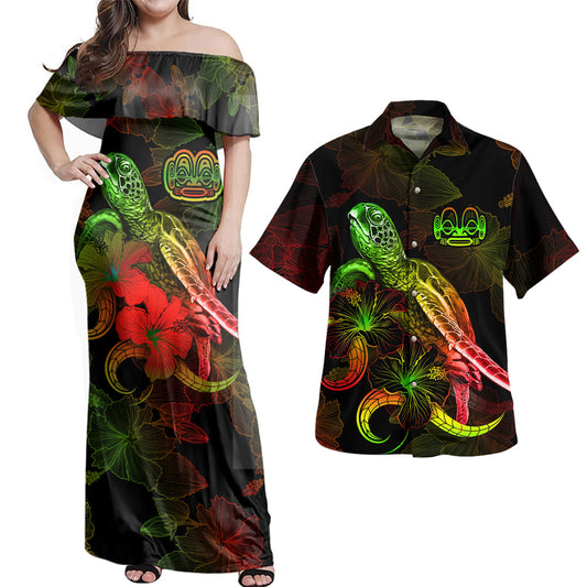 Marquesas Islands Combo Dress And Shirt - Sea Turtle With Blooming Hibiscus Flowers Reggae