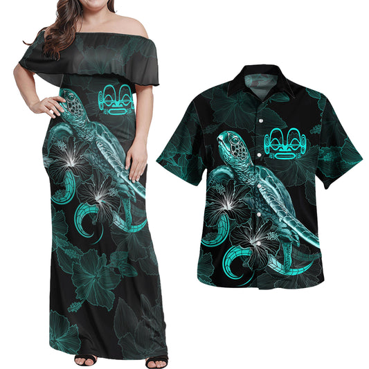 Marquesas Islands Combo Dress And Shirt - Marquesas Islands Coat Of Arms Turtle Blooming Hibiscus Turquoise