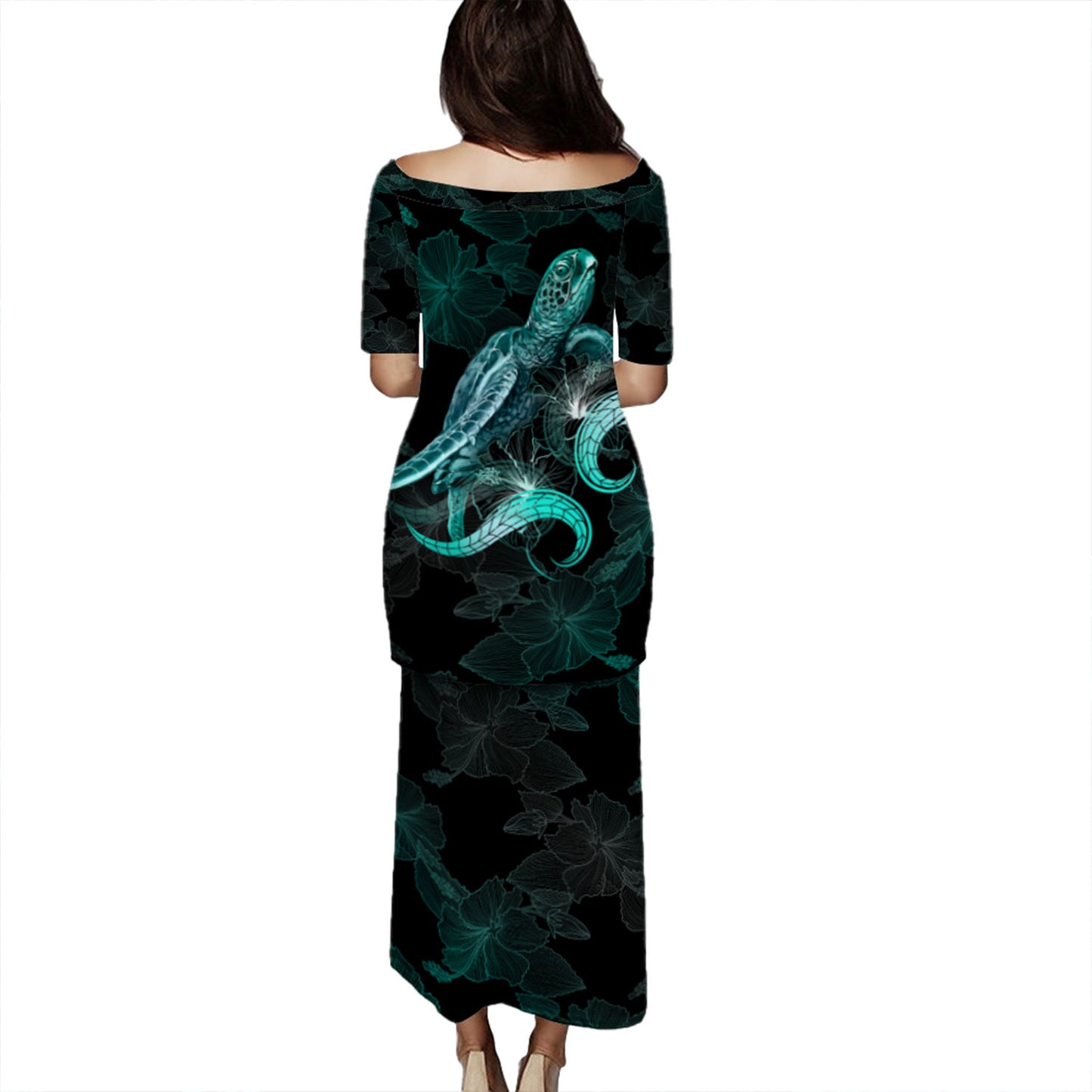 Hawaii Puletasi - Sea Turtle With Blooming Hibiscus Flowers Turquoise