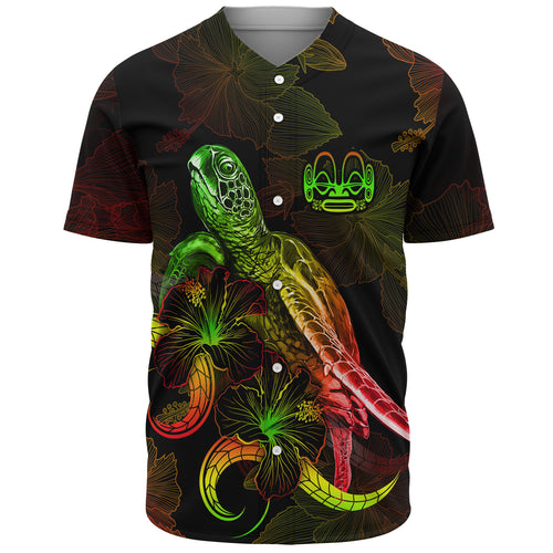 Marquesas Islands Baseball Shirt Sea Turtle With Blooming Hibiscus Flowers Reggae