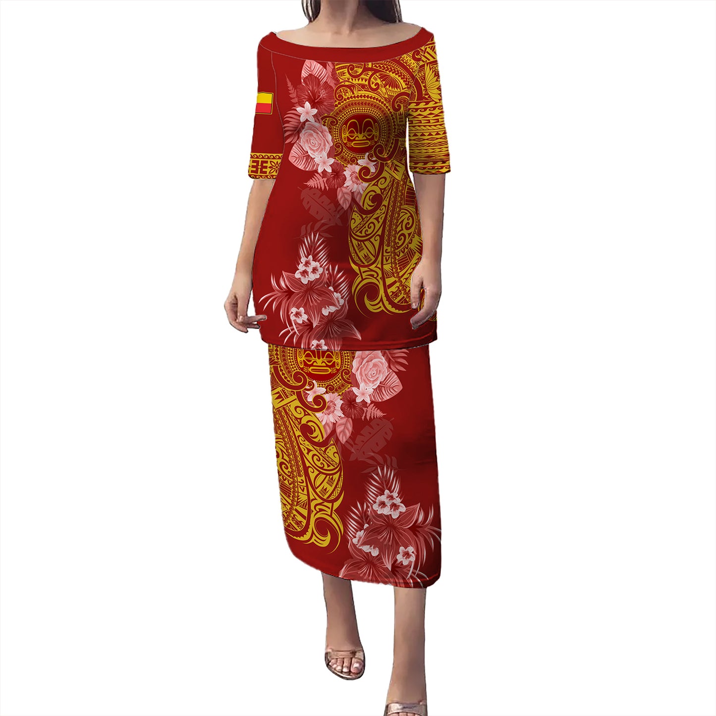 Marquesas Islands Combo Puletasi And Shirt Polynesian Tropical Plumeria Tribal Red
