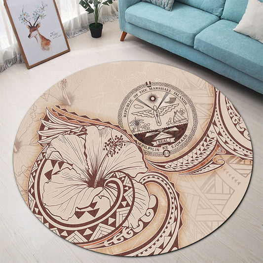 Marshall Islands Round Rug Hibiscus Flower Vintage Style