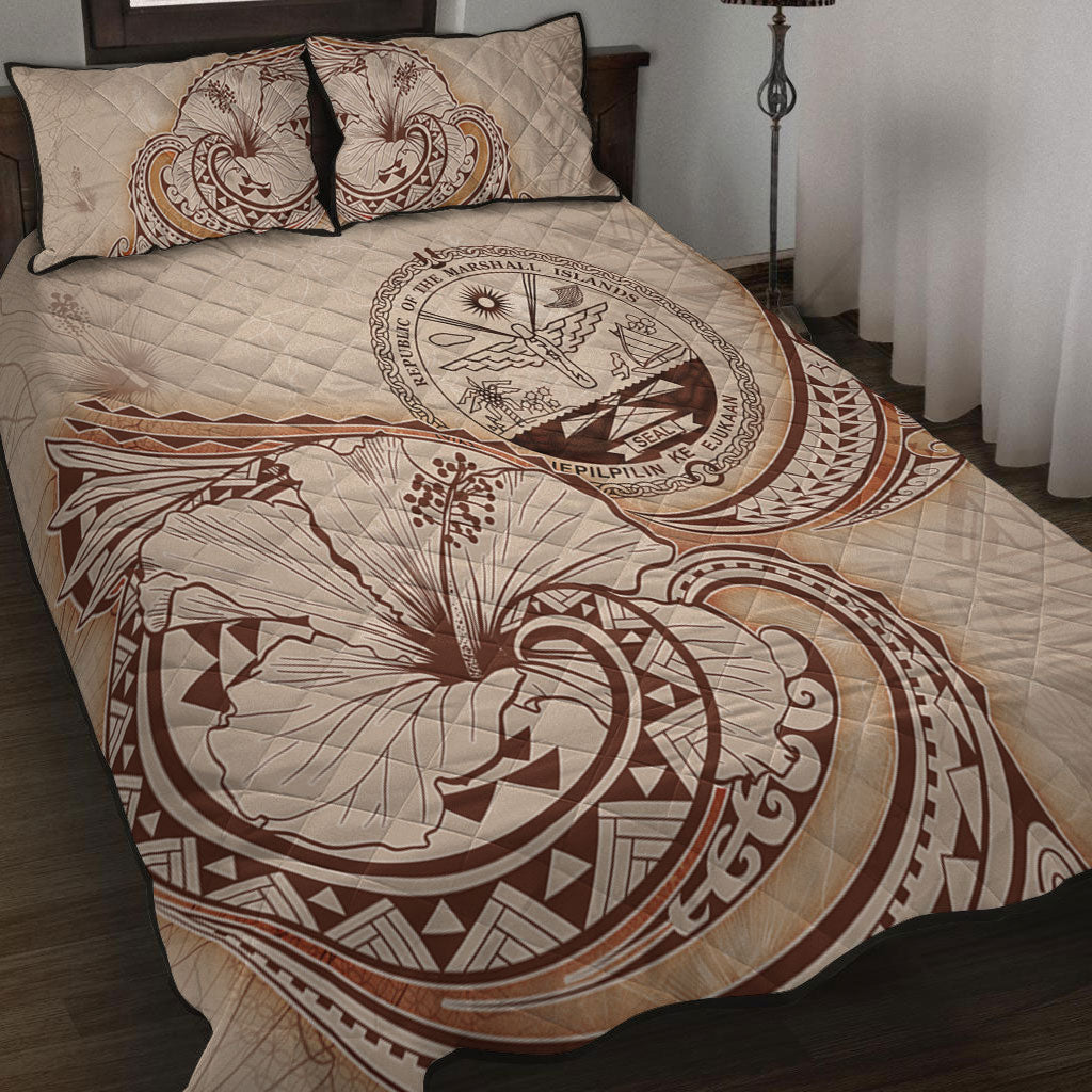 Marshall Islands Quilt Bed Set Hibiscus Flower Vintage Style