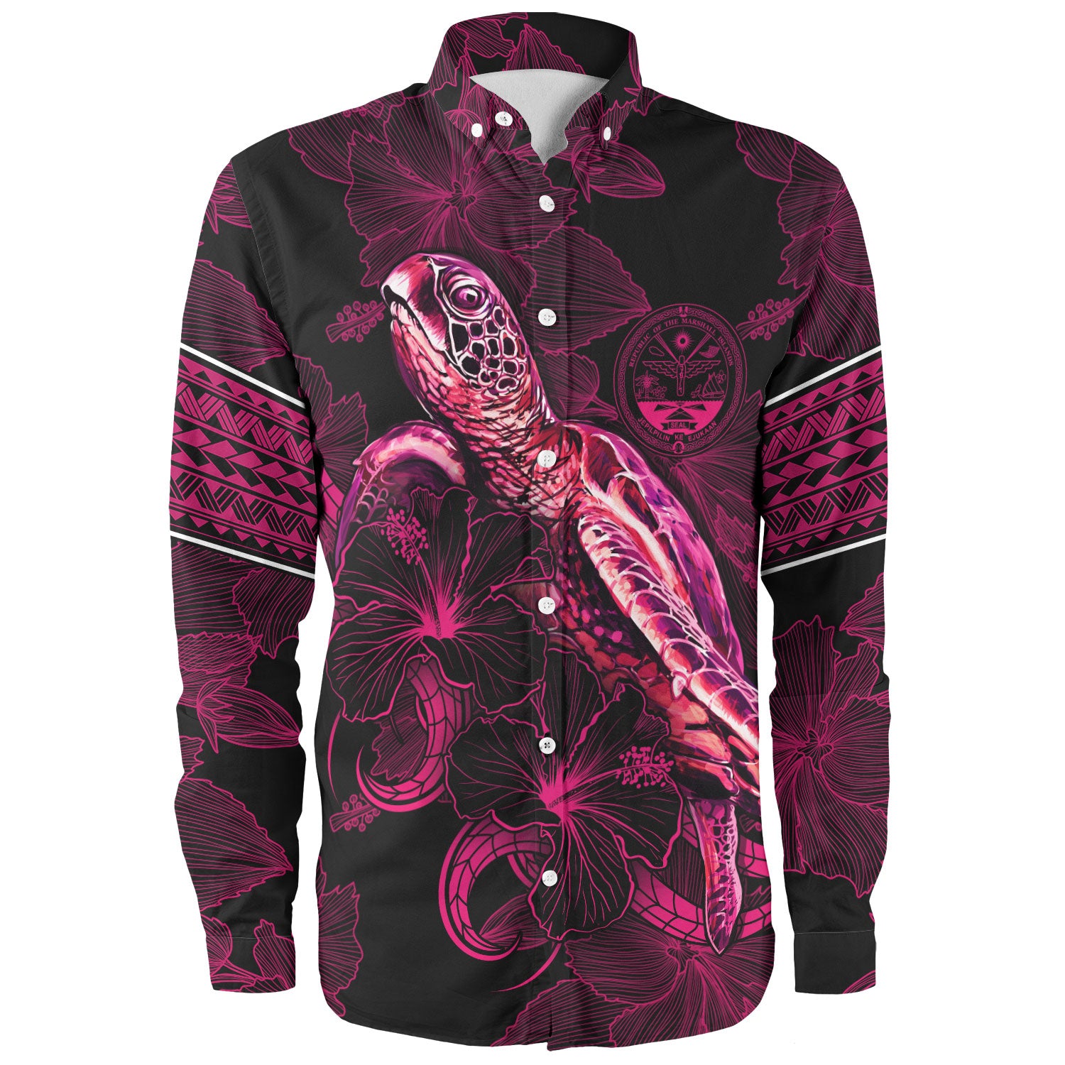 Marshall Islands Long Sleeve Shirt Sea Turtle With Blooming Hibiscus Flowers Tribal Maroon