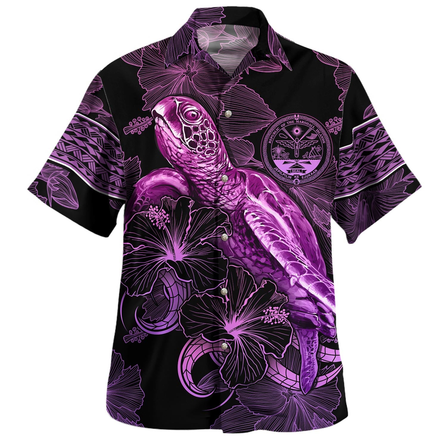 Nauru Hawaiian Shirt Sea Turtle With Blooming Hibiscus Flowers Tribal Purple