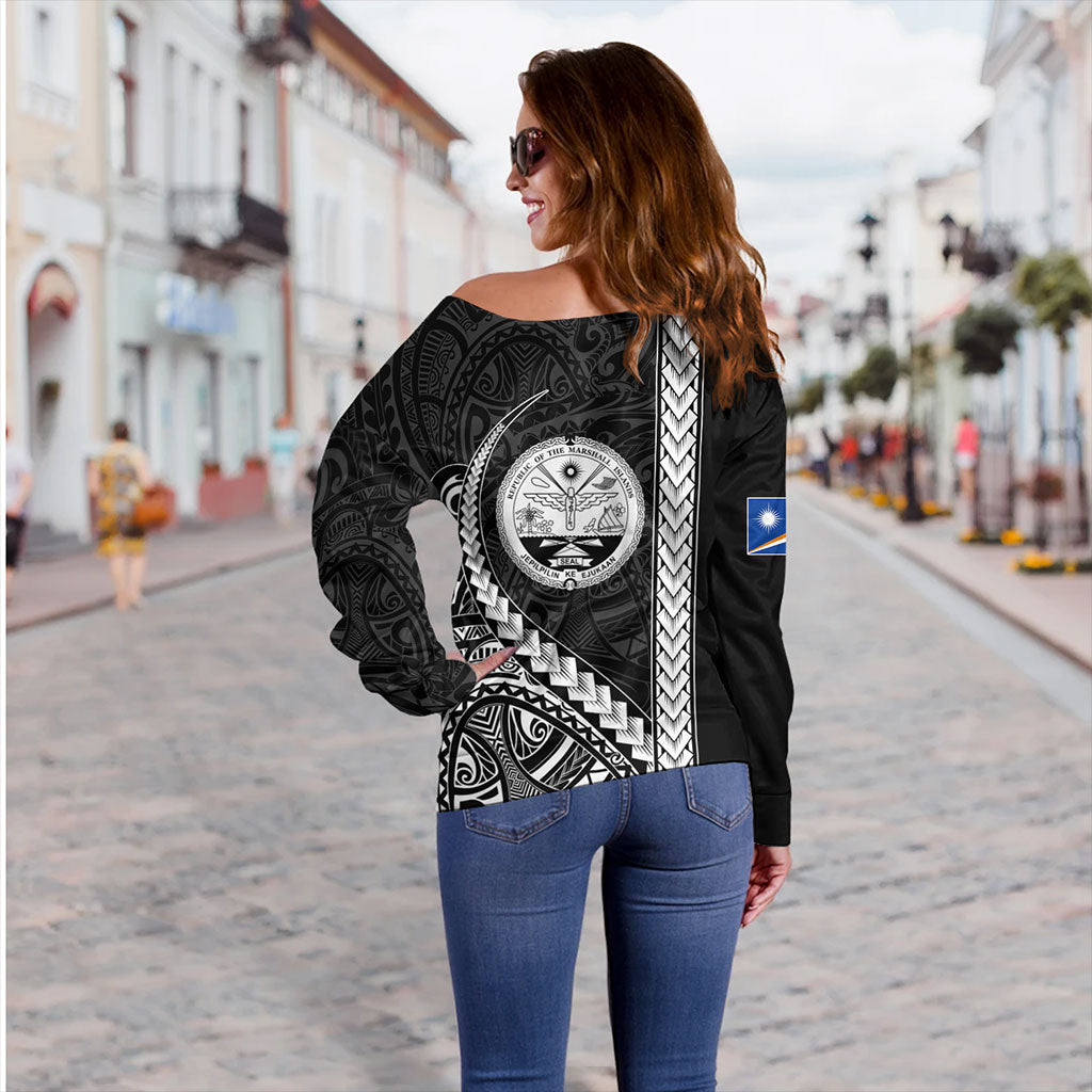 Marshall Islands Off Shoulder Sweatshirt Tribal Micronesian Coat Of Arms