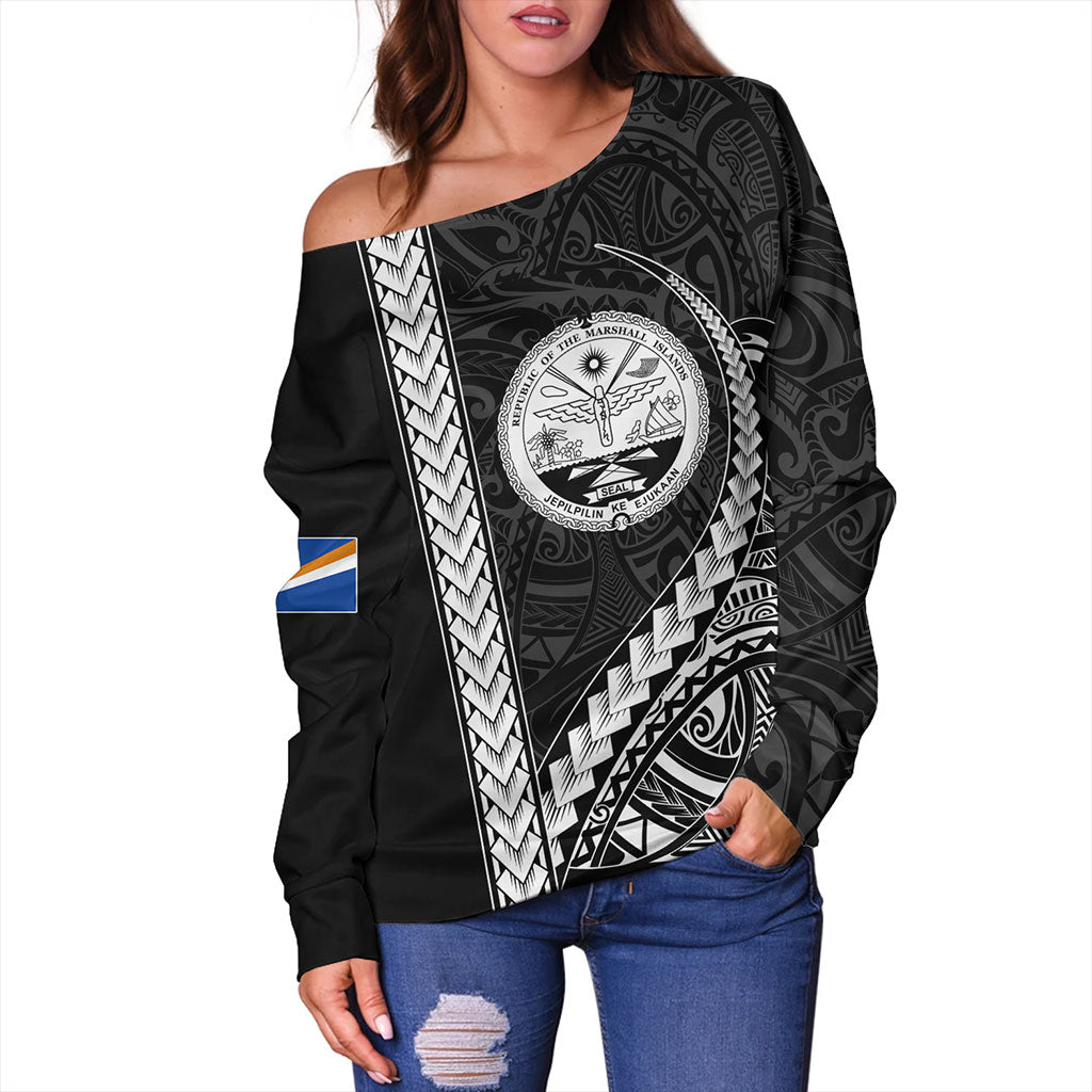 Marshall Islands Off Shoulder Sweatshirt Tribal Micronesian Coat Of Arms