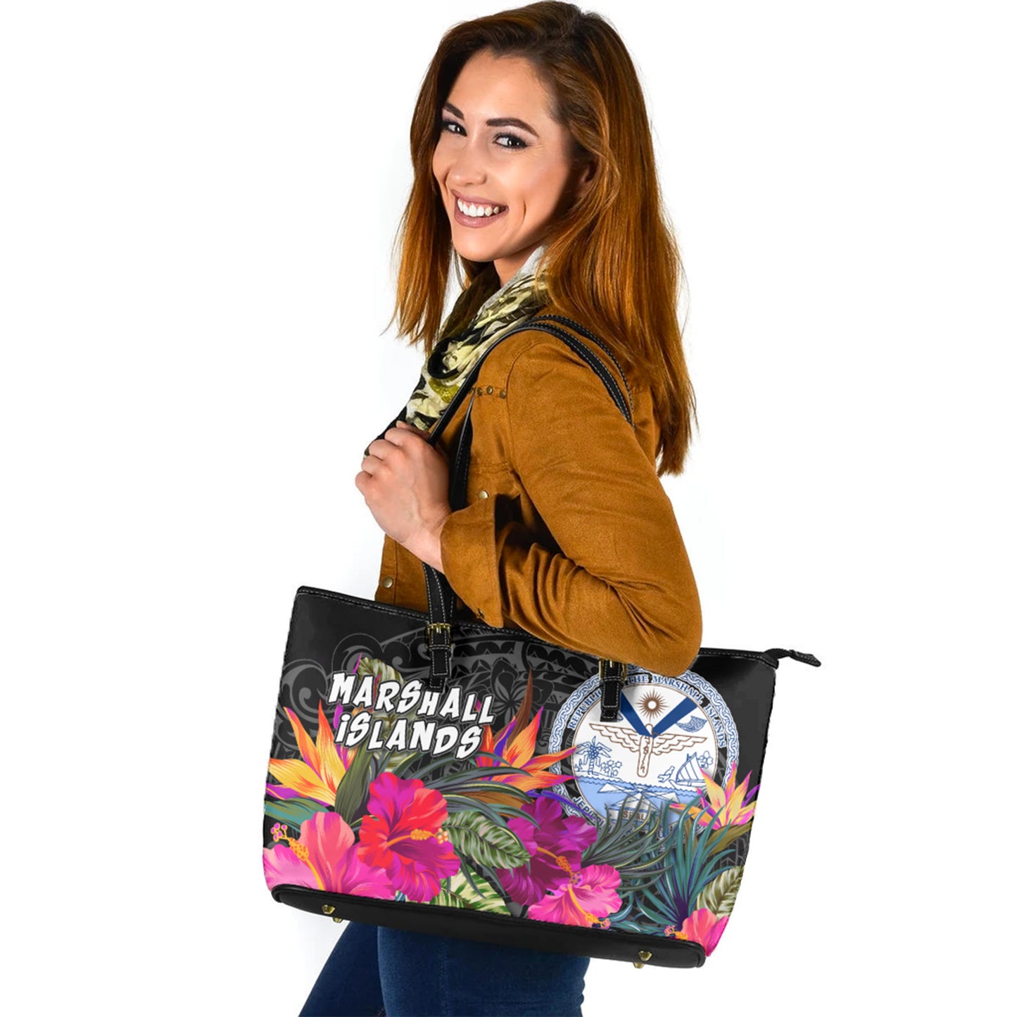 Marshall Islands Crest Custom Personalised Leather Tote Polynesian Hibiscus Pattern
