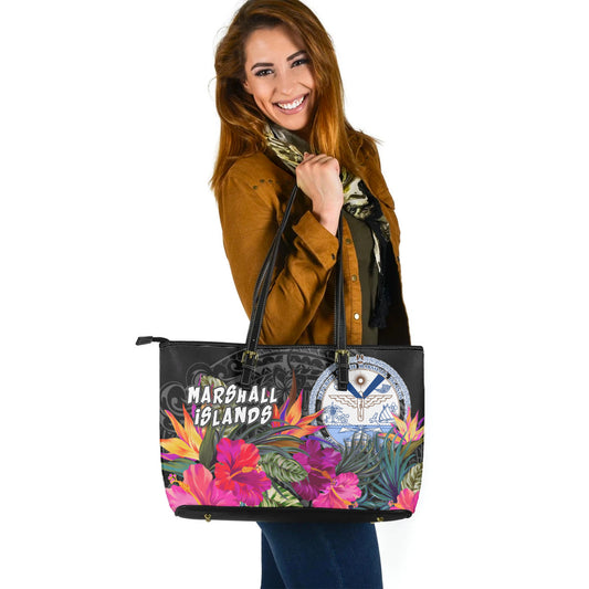 Marshall Islands Crest Custom Personalised Leather Tote Polynesian Hibiscus Pattern