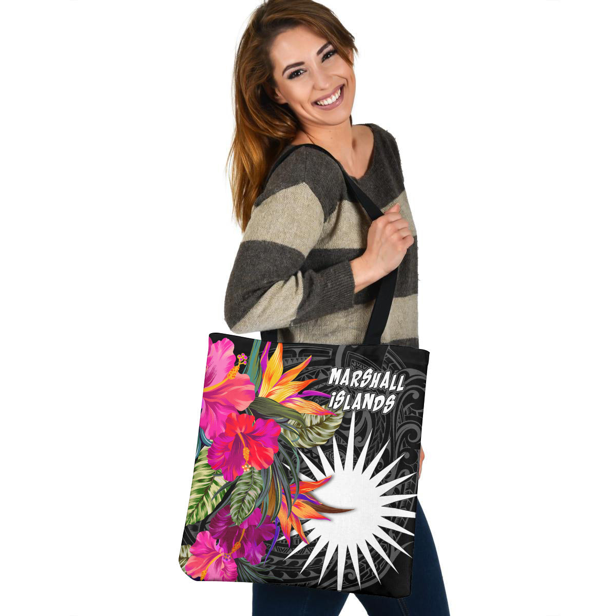 Marshall Islands Custom Personalised Tote Bag Polynesian Hibiscus Pattern